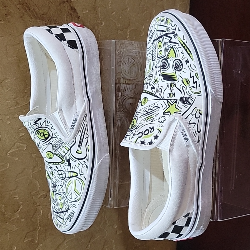 Vans Customs Rock Music Graffiti Slipon Sneakers Checkerboard Heal
